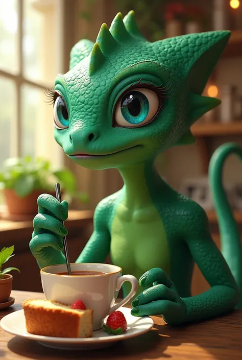 She is green, blue eyes, she is like espio the chameleon in sonic. She comes to a cafe, she eats strawberry bread and tea, she says it is delicious.