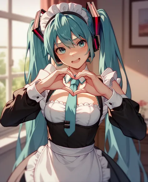    Hatsune Miku、  maid clothes、High image quality、Indifference、Bad mood、Heart Hands