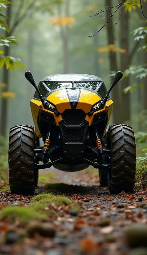 "A fierce hybrid of a truck and a wasp dominates the forest trail. Its body is armored with black and yellow striped panels, and its massive wheels have a segmented, insect-like texture. Its front grille is sharp, resembling the wasp’s mandibles, and its r...