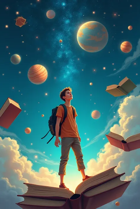 Cover for a reading book, where you can see a young man traveling between books as if each book were a different planet 