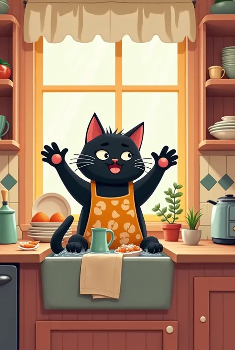 A black cartoon cat is inside a house in a kitchen with an apron on while washing the dishes, it is turned on its back.