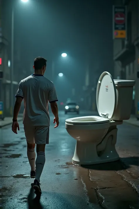 Ronaldo in real Madrid shirt walking in night and sees one big toilet in front of him 