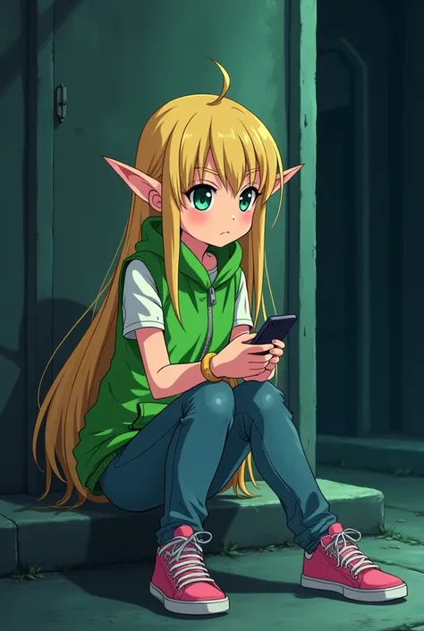 Create an anime cartoon. Teenage girl, blonde hair, long hair, long ears, wearing a green vest, sitting, looking at the phone. Dark alley background.