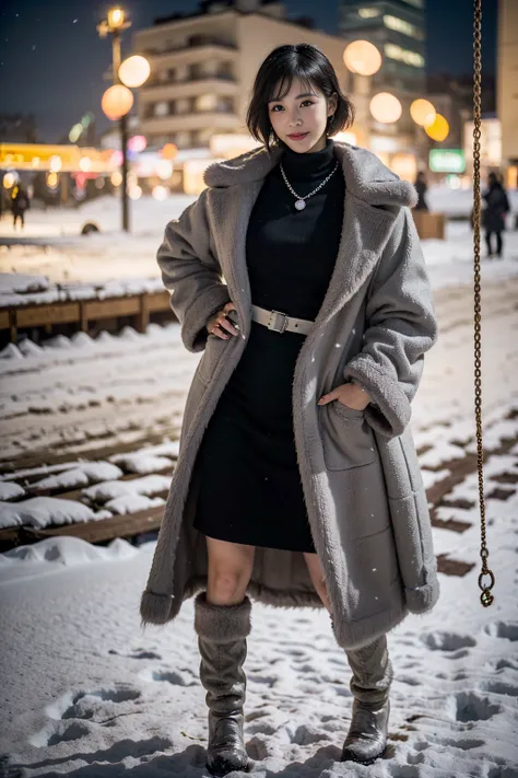 Fluffy scarf、 medium short hair、Expression of white breath 、 Photo from waist up  、 lift up to night city lights 、 cowgirl shot、Fur coat、luxurious gray mink fur coat、 leather boots that are easy to wear 、Luxury Bags、 collared turtlenecks 、 silver necklace ...