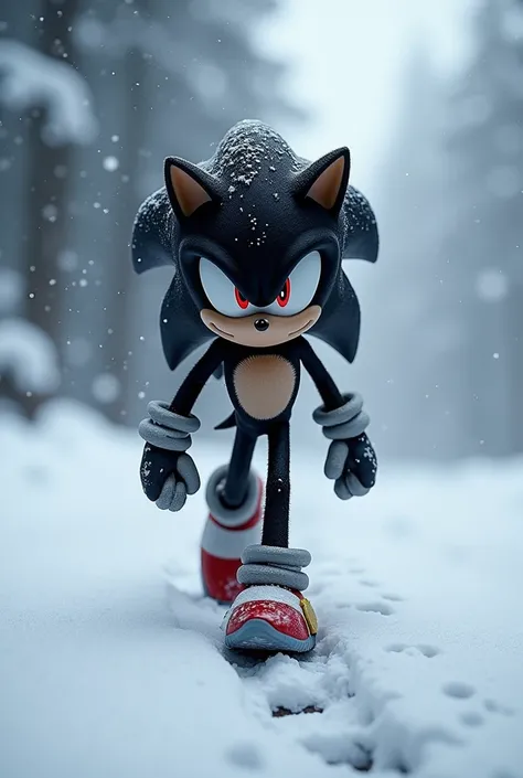 "A dark and intense version of Sonic the Hedgehog, with sleek black fur, glowing red eyes, and a determined stride, walking through a snowy landscape. Snowflakes fall gently from a gray, overcast sky, blanketing the ground in a thick layer of pristine whit...