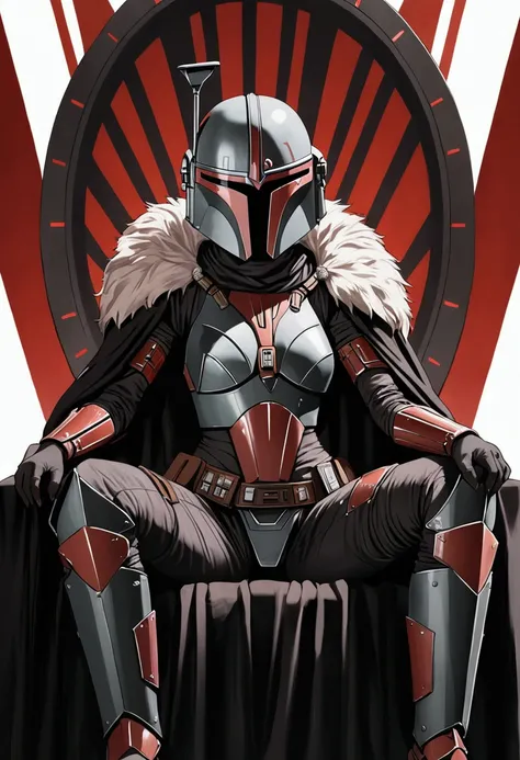 20 year old girl, (black short wavy hair) (scarlet eyes black pupils) (star wars full mandorian armor), (wolf fur cape),(legs cross while sitting on a badass throne)