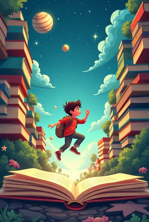 Cover for a reading book, where you can see a young traveler , jumping between books as if each book were a different planet, vectors