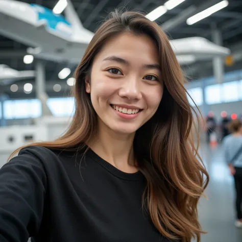 a mathematics student, (female), 25 year old, european, brown hair, hyperrealistic, ultrahd, 4k, smiling, taking a selfie at the nasa space center