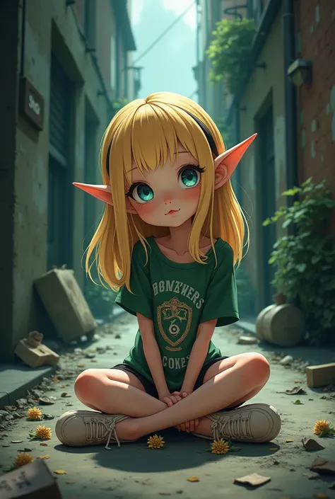 Create an anime cartoon Teenage girl, blonde hair, long hair, long ears, blue eyes, wearing a Hogwart slytherin shirt, sitting holding wilted flowers, dark alley background