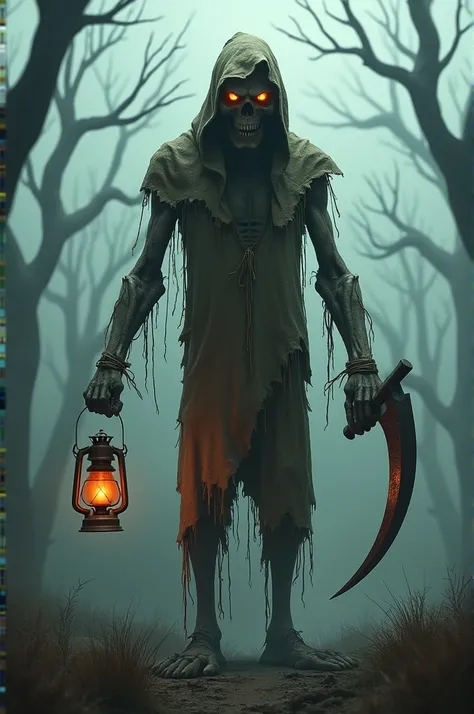 A scarecrow with fiery eyes ,  holding an old lantern in his left hand and a sickle in his right hand.