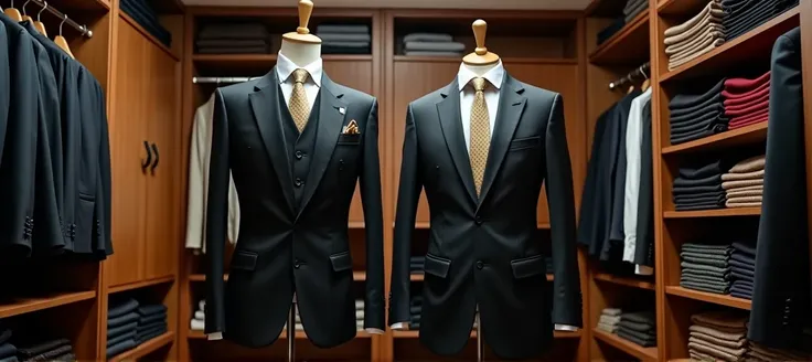  make the hotel tailors room .  he has a large closet on the left filled with cloth,  while on the right are two torsos of mannequins .  one of them has a bulletproof vest , while the other, Have a standard black suit 