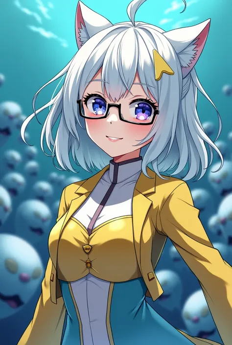 masterpiece, top quality, best quality, highly detailed:1.2), Light bluish-yellow hair with fluorescent creamy white，Blue-pink pupils，Black thick-rimmed glasses，Yellow, blue and white clothes，A super good-looking, especially sweet and cute female sea king，...