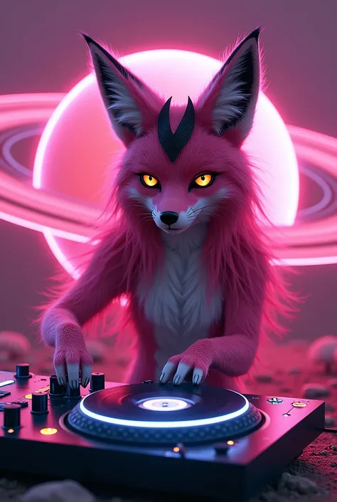 Long-haired pink DJ fox with black V-bangs underneath playing at a rave in Saturn