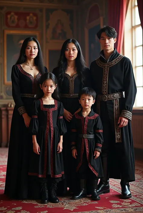 Generate an image of 5 white-skined siblings. The eldest of a s. She is tall, slender and beautiful. She has long black hair and purple eyes. She is dressed richly in a black gown trimmed with burgundy and silver. To her right is her  brother. He is tall, ...