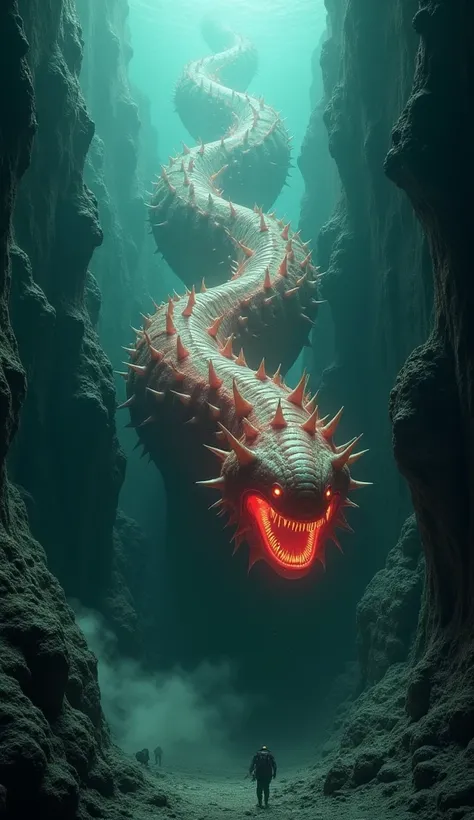 "Create a photorealistic depiction of a colossal, worm-like deep-sea creature that exudes a terrifying and otherworldly presence. Its segmented body stretches endlessly into the abyss, with each segment adorned by rows of glowing, serrated spines that emit...