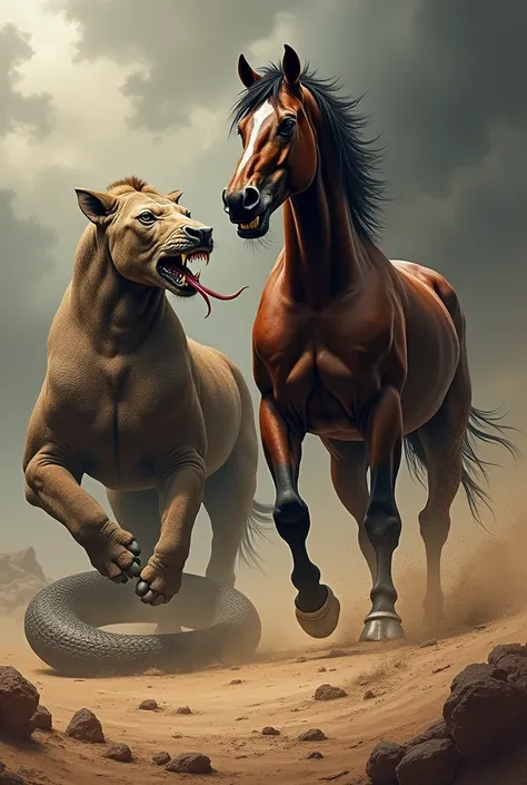 Give me detailed prompt of these two animals To Create images 
"First, create an image where horse and a snake  are placed together, both are in an angry mode and facing each other. Ensure the background matches their intense expressions. In the second ima...