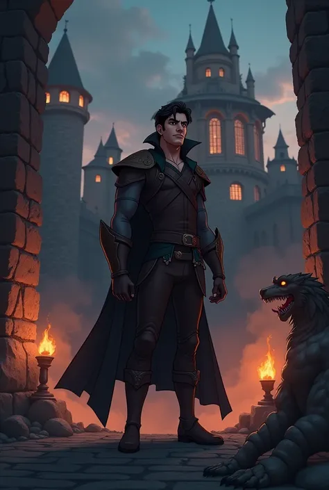 Image of the character Marco from Disneys Star vs. the Forces of Evil in front of a medieval castle as if it were a 1980 dark fantasy film in human form 