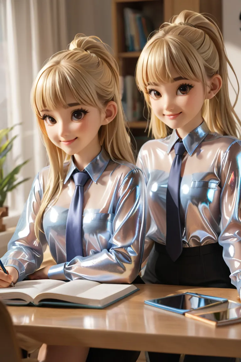 4 girls, buttoned into an extremely tight shiny transparent metallic blouse, blonde hair,  ponytail , bangs, smile, lens reflect...