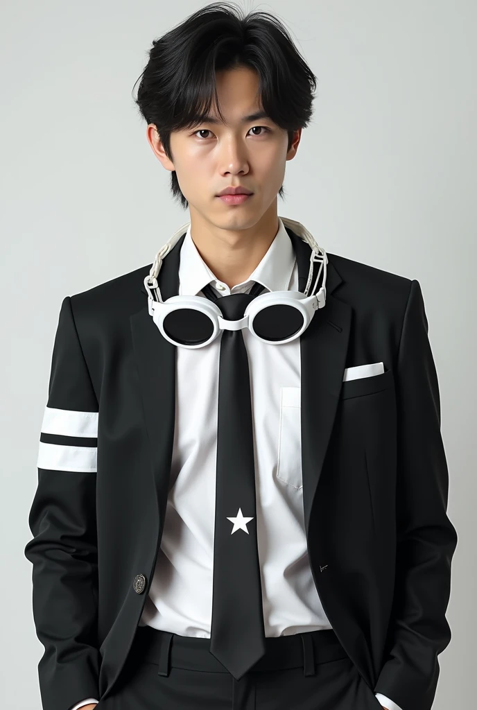 Shinichi Sakurai wearing a white shirt and black jacket with two white stripes on each sleeve of his hands and a black tie with a white star in the middle and white swimming goggles with black visors on the collar as well 