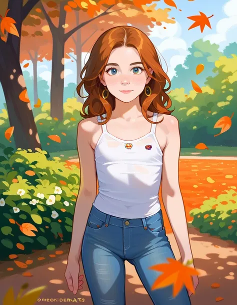  close-up ,  beautiful woman in samdoesarts style by Maciej Cuciala, Orange leaves in the park , by Jeremy Mann ,  by Sandra Chevrier , by dave mckean and richard avedon and maciej kuciara,  white tank top and jeans, Advanced Details, 8k, photorealistic sh...