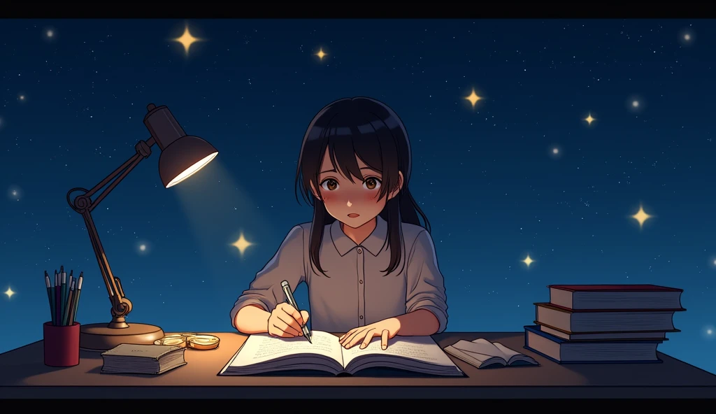 A reader girl working alone on a desk bright stars at the background night