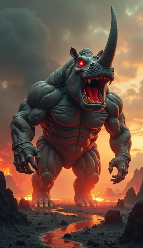 "A horrifying hybrid creature that seamlessly blends the most intimidating features of a hippopotamus and a rhinoceros. The creature has the bulky, muscular body of a bodybuilder, with exaggerated veins and muscles covering every inch of its frame. Its hea...