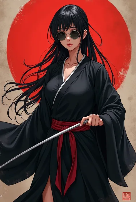 Japanese female monk、 Petite beauty 、 Big Breasts 、Muscular 、Round Sunglasses、 Wear Ceremonial Items、Hero of Justice、  Black Costumes 、Robe、exorcist、exorcist、Japanese Temples、Strongest、Bleach、Reaper Alternatives 