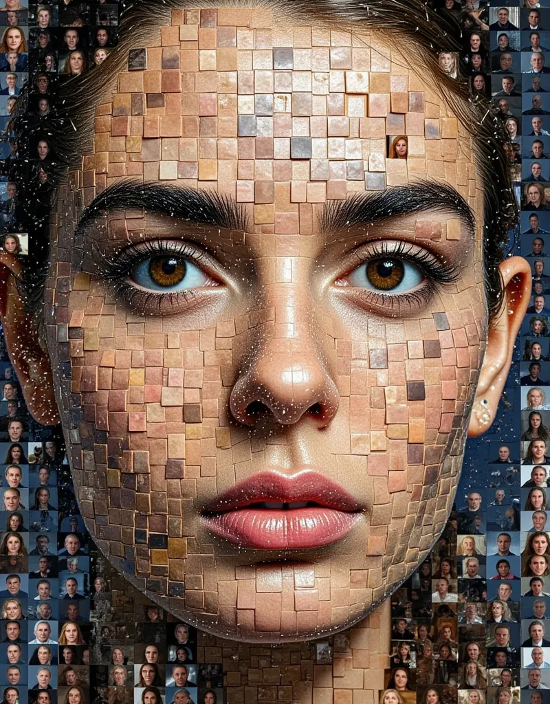 create an ultra-realistic portrait made up of many small photos of the same size, like a mosaic. each photo should be unique, bu...