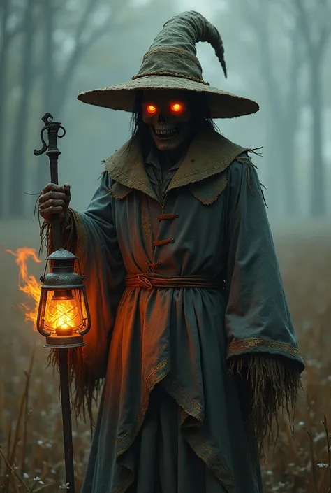 A scarecrow with fire-mouthed eyes, wearing a pointed hat, holding an old lantern in his left hand and a sickle in his right hand..