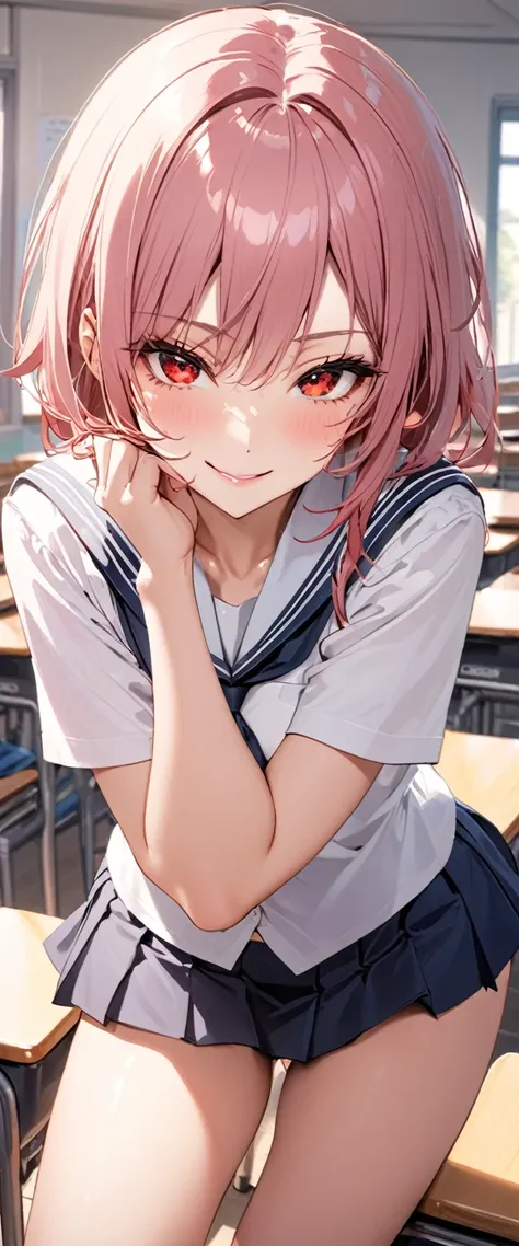 School uniform,  Seductive Smile,  red eyes,  deep focus in the classroom , seductive pose 