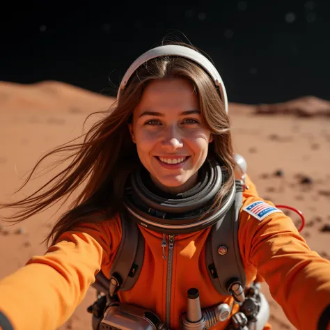 a mathematics student, (female), 25 year old, european, brown hair, hyperrealistic, ultrahd, 4k, smiling, taking a selfie on the mars