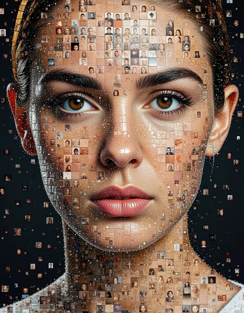 create an ultra-realistic portrait made up of many small photos of the same size, like a mosaic. each photo should be unique, bu...