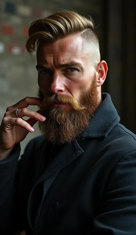  One Man Touching a Beard 、Intense expression、ruthless and majestic 、Exquisite and realistic、stubble beard 、A sense of filth
short blond medium hair、 bangs are thick 、 well-trimmed round cut 、 slightly glossy 。
 the top of the head is shaved in a tonsla st...