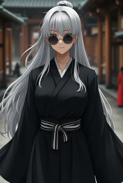 Japanese female monk、 Petite beauty 、 Big Breasts 、Muscular 、Silver long hair、Round Sunglasses、 Wear Ceremonial Items、Hero of Justice、  Black Costumes 、Robe、exorcist、exorcist、Japanese Temples、Strongest、Bleach、Reaper Alternatives 