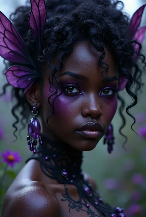 Fairy woman in her 20s, dark purple eyes, dark curly hair, dark purple jewerly, magnificent pretty face, dark purple tattoo on face, black skin