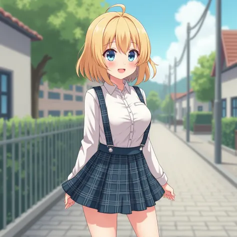  full body view , full screen, full leg view,  little young girl ,  in front of school 、 Attach to skirt with suspenders、 white shirt with long sleeves 、plaid rock、An, , Sakimichan,, nice and cute ,  innocent smile, , beautiful smile, sakimichan hdri,  big...