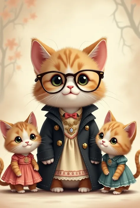 Cute cat wearing black cout wearing glasses and frock dress with two baby cats
Different colour of dresses