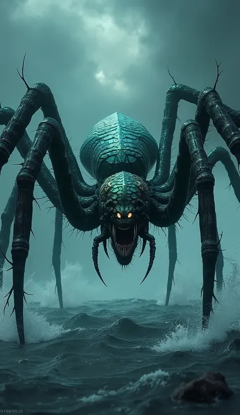 hybrid generation:"Create an ultra-realistic masterpiece of a hybrid creature combining features of a spider and a Leviathan. This creature should have the elongated, segmented body of a spider, adorned with iridescent scales reminiscent of a Leviathans sk...