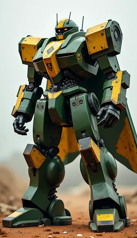 A hulking war robot for South Africa, painted in metallic green, yellow, and black with a diamond-shaped chest emblem. It wields claw-like weapons and has a rugged flag-themed cape.