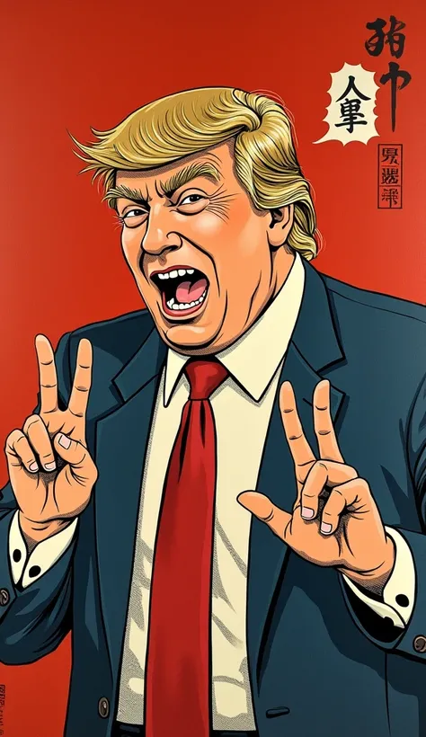  Ukiyo-e type painting, Ancient Japanese Woodblock Prints, Vermilion , Sigh,  full body, President Trump dresses up as a Kabuki actor、Making a V sign、 English letter "OH MY GOD"He says