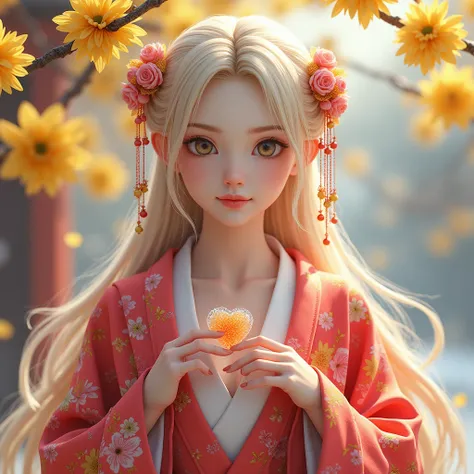  high precision CG unity 8K wallpaper,  cute girl,  mature blonde girl with white fur ,  half up,  Beautiful Girl , Hot Maiden, Pale skin (Blockbuster, Beautiful person, well detailed face polluted smile,  her flat chest is hidden by a kimono , Realistic, ...