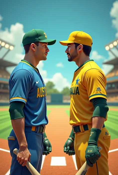 Two baseball Team Captain Head to Head One is From Australia Kits And other One is From Chinese Taipei With each player must have bat and ball in hand of baseball image Size must be 16:9