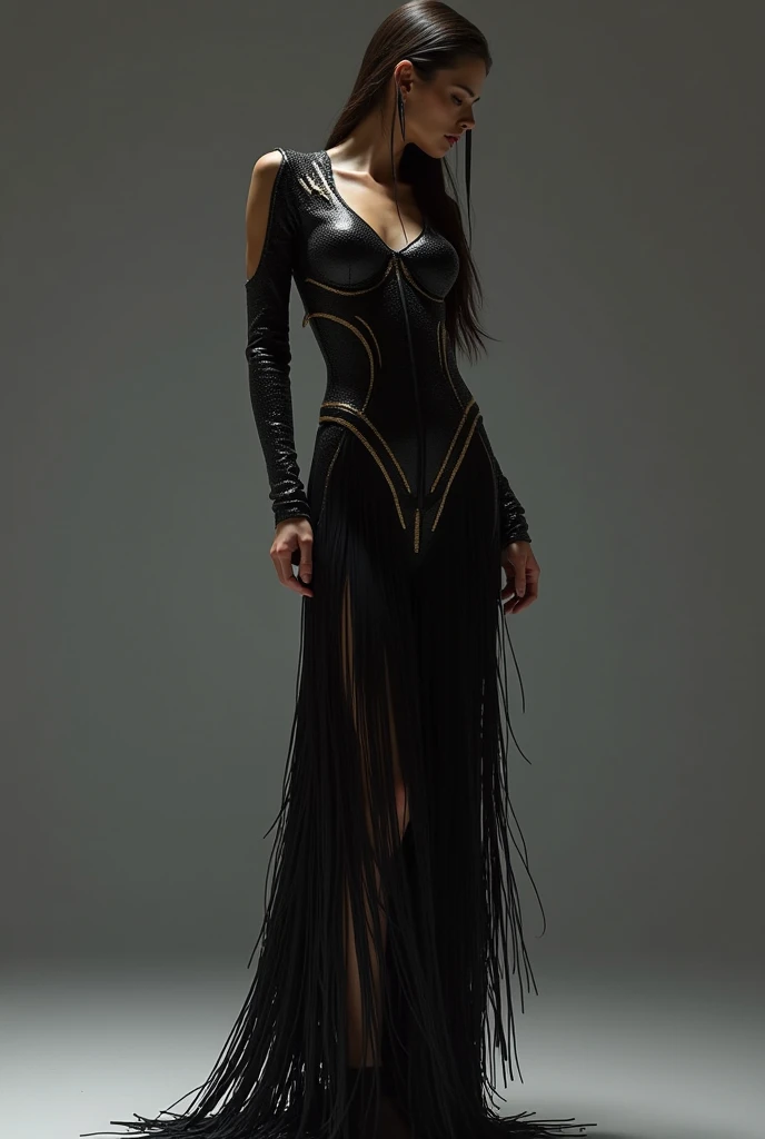 An Award-Winning Masterpiece for Vogue Fashion magazine, Award-Winning Masterpiece, A statuesque model poses confidently in the studio, Self-Portrait Resort 2025 Fashion,  Sexy, Sensual, Fringe Details: “A dress with fringe details that sway with every ste...