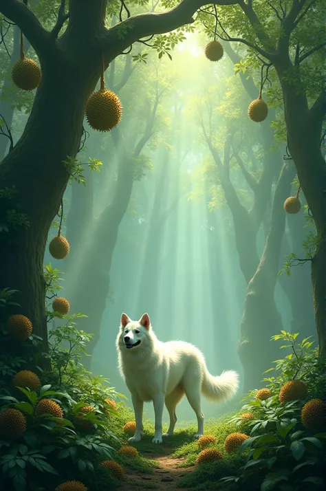 Durian forest, lots of ren, 1 white dog