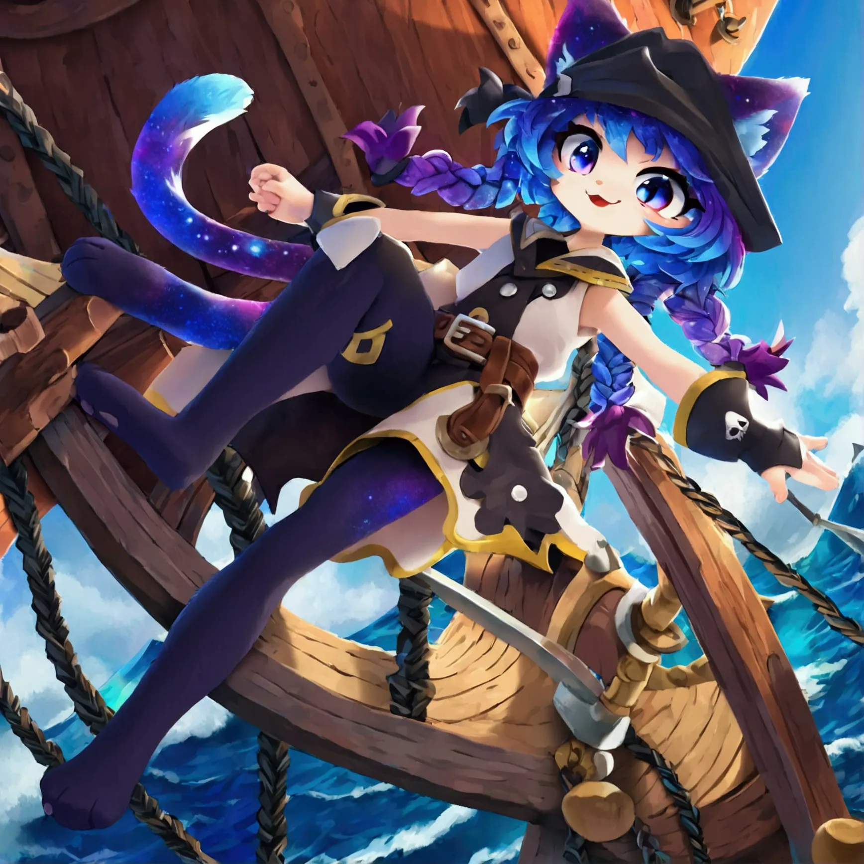 solo,1catgirl\(cute, kawaii,small ,hair color cosmic,braid hair,messy hair,eye color cosmic,big eyes,smile,have an eyepatch on right eye,smirk,pirates costume,dynamic pose,dinamic action,dynamic angle:1.4,full body\),background\(on the wooden ship,beautiful sea,simple\),(dynamic angle:1.6),draw human hand very correctly, ,. BREAK .quality\(masterpiece, best quality,8k,wallpaper of extremely detailed CG unit, high resolution, top-quality, top-quality real texture skin, hyper realistic, increase the resolution, RAW photos, best quality, highly detailed, the wallpaper,golden ratio,high saturation realism, vibrant colors, dramatic lighting, persuasive storytelling, atmospheric scenery, captivating visuals, intricate details, strong emotions,dreamlike world\)
