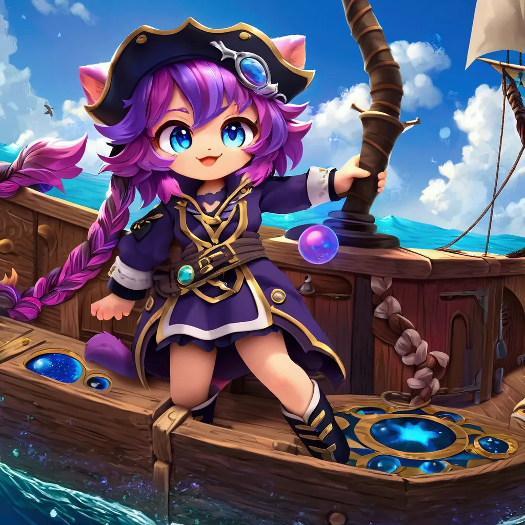 solo,1catgirl\(cute, kawaii,small ,hair color cosmic,braid hair,messy hair,eye color cosmic,big eyes,smile,have an eyepatch on right eye,smirk,pirates costume,dynamic pose,dinamic action,dynamic angle:1.4,full body\),background\(on the wooden ship,beautiful sea,simple\),(dynamic angle:1.6),draw human hand very correctly, ,. BREAK .quality\(masterpiece, best quality,8k,wallpaper of extremely detailed CG unit, high resolution, top-quality, top-quality real texture skin, hyper realistic, increase the resolution, RAW photos, best quality, highly detailed, the wallpaper,golden ratio,high saturation realism, vibrant colors, dramatic lighting, persuasive storytelling, atmospheric scenery, captivating visuals, intricate details, strong emotions,dreamlike world\)
