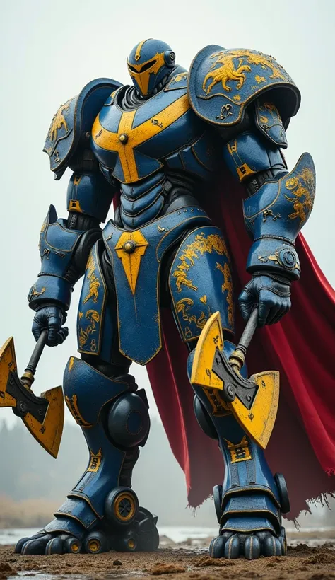 A massive robot for Sweden, with metallic blue and yellow armor, Viking-inspired engravings, and twin plasma axes. Its torn cape bears Nordic runes.