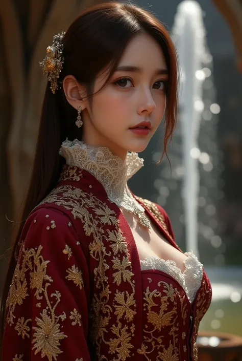 A photo of an elegant East-Asian woman with vivid eyes and smooth long brown ponytail hair, wearing an extraordinarily luxurious 18th-century burgundy pirate outfit adorned with intricate gold Gothic-style embroidery that covers every inch of the fabric, c...