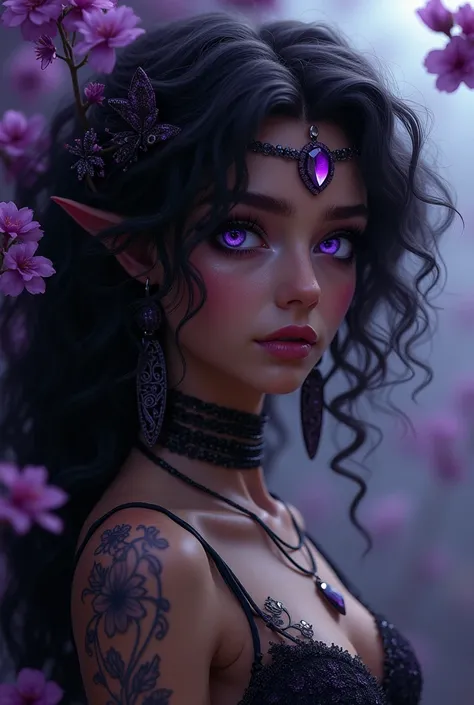 Fairy woman in her 20s, dark purple eyes, dark curly hair, dark purple jewerly, magnificent pretty face, dark purple tattoo on face, black skin