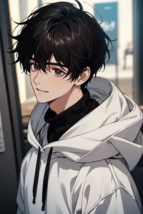 ultra-detailliert, Best Quality, finely detail, Anime Male, 1 Male, 18 years old, The face and eyes are very detailed, Detailed face, jet black eyes, Mans, Black hair, Medium Hair, Messy pointed hair, (White fur jacket with Black hoody), (Smile, Funny), An...